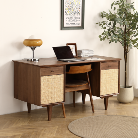 Black Walnut Desk with Natural Rattan Net - Large Home Office Workstation with Storage 57.09 inch